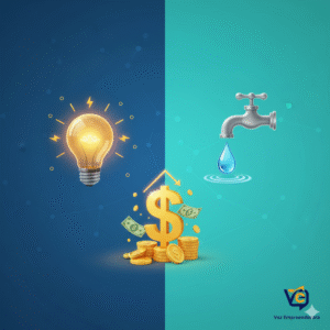 Ilustração sobre como economizar, mostrando uma lâmpada e uma torneira gotejando, com o símbolo de cifrão e moedas ao centro, representando a economia de dinheiro com luz e água.