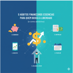 Infográfico "5 Hábitos Financeiros Essenciais" com ícones representando: 1. Economizar (cofrinho), 2. Investir (gráfico), 3. Controlar (calculadora), 4. Planejar (calendário), 5. Celebrar e Viver (pessoa comemorando)