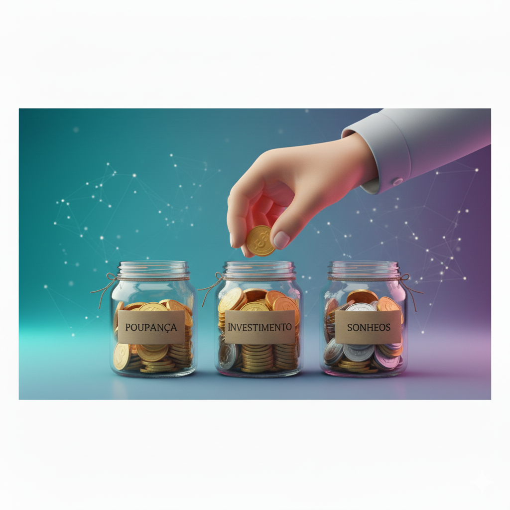 Uma mão depositando moeda em um dos três potes de vidro rotulados "Poupança", "Investimento" e "Sonhos", representando hábitos financeiros para a liberdade.