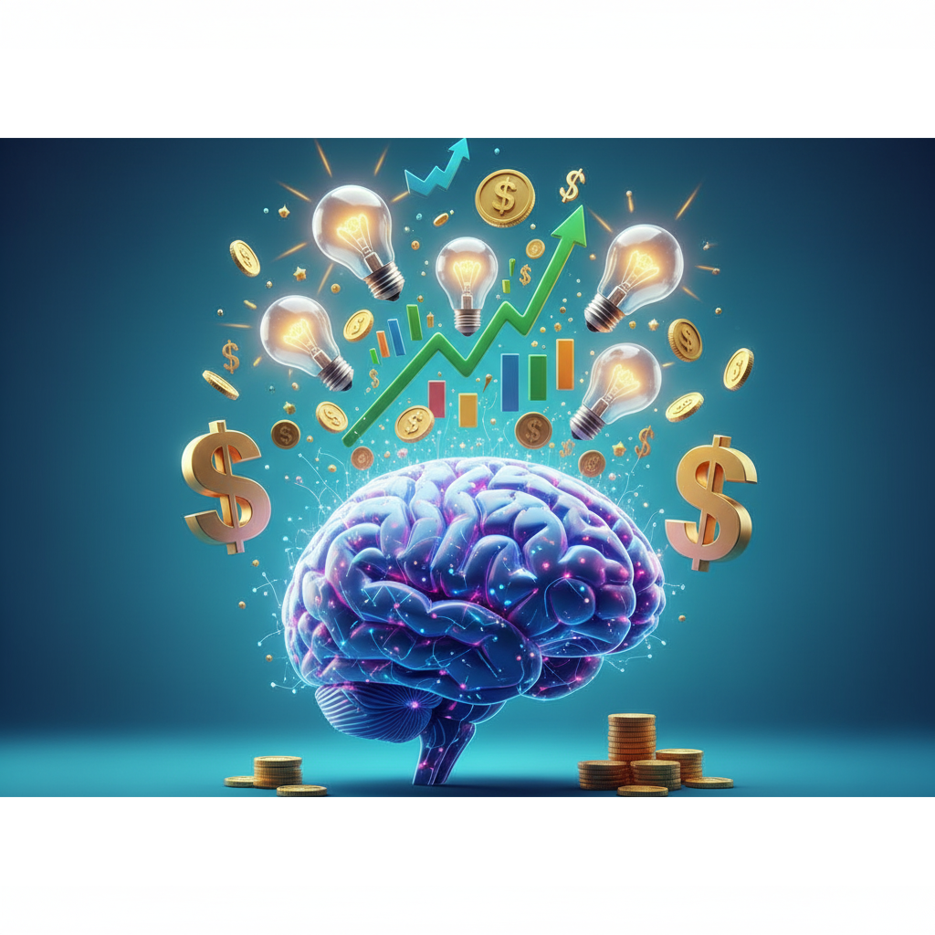 Cérebro com luzes e conexões, cercado por lâmpadas de ideias, moedas, símbolos de dólar e um gráfico de crescimento, simbolizando a mentalidade de prosperidade financeira.