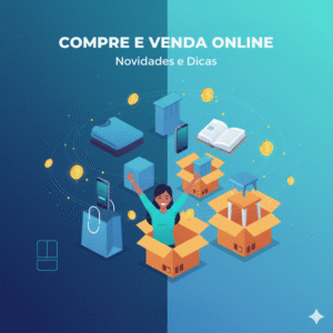 Ilustração sobre compra e venda online, mostrando uma mulher saindo de uma caixa, com itens como roupas e livros e embalagens, simbolizando o desapego e o comércio online.