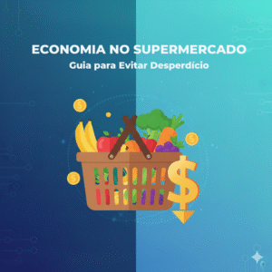 Ilustração de um cesto de supermercado cheio de frutas e verduras, com moedas voando ao redor e um cifrão com uma seta para baixo, simbolizando a economia na compra de alimentos.