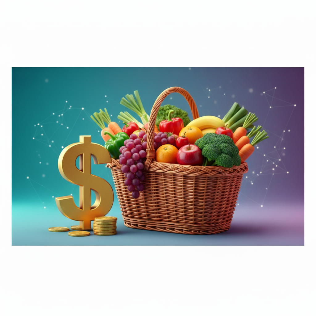 Um cesto de supermercado cheio de frutas e vegetais, com moedas e um símbolo de dólar ao lado, representando a economia na hora de fazer compras.