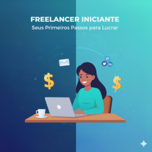 Ilustração de uma freelancer iniciante trabalhando em seu notebook, com símbolos de moedas, e-mail e redes sociais, representando a jornada de lucro e conexão