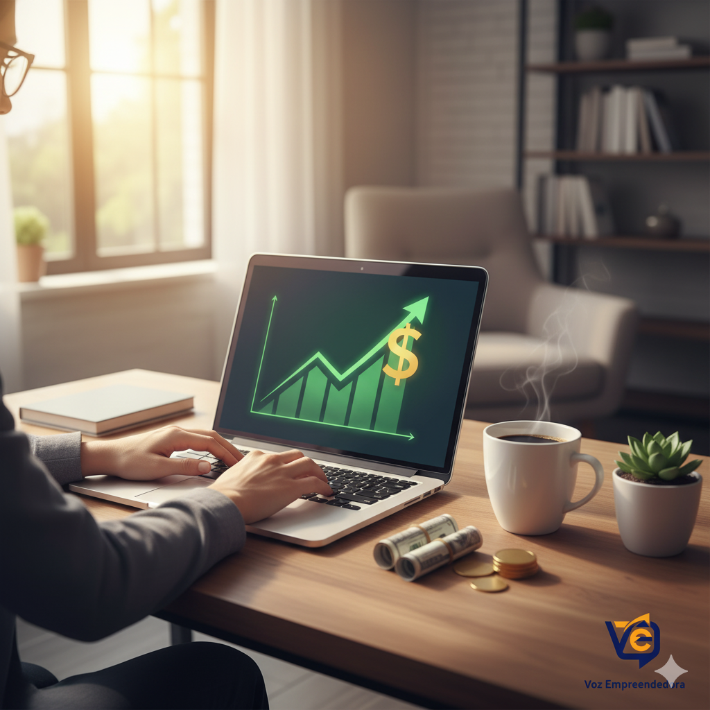 Uma pessoa trabalhando em um notebook com um gráfico de crescimento e o símbolo de dólar na tela, representando o sucesso e lucro do freelancer