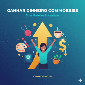 Ilustração de uma mulher celebrando cercada por hobbies como pintura, tricô e jardinagem, com moedas voando, simbolizando o lucro com suas paixões.