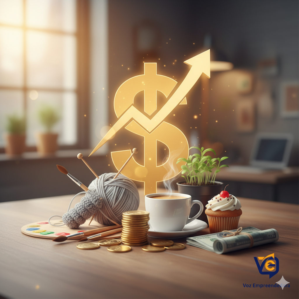 Itens de hobbies como novelo de lã, pincéis, xícara de café e cupcake, com moedas e um cifrão dourado crescente, simbolizando o lucro com paixões e hobbies.