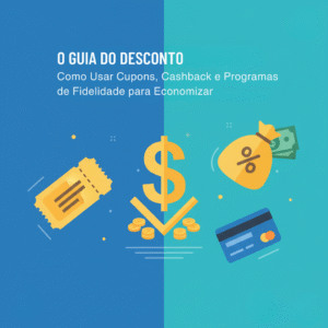 Ilustração sobre guia do desconto, mostrando um cupom, um saco de dinheiro com símbolo de porcentagem, um cartão de crédito e o símbolo de dólar sobre moedas, representando formas de economizar.