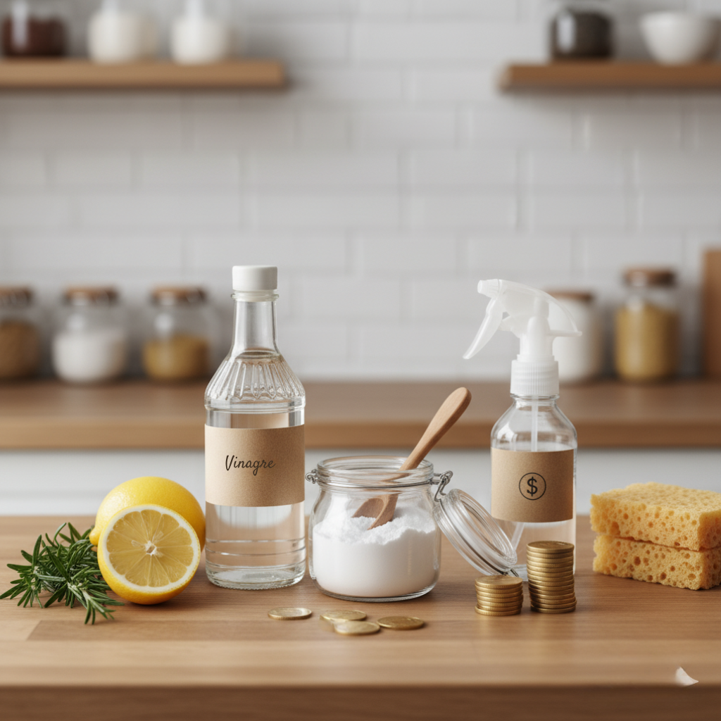 Garrafas de vinagre, bicarbonato de sódio e limão em uma bancada de cozinha, com moedas e esponjas, simbolizando a economia ao fazer produtos de limpeza caseiros.