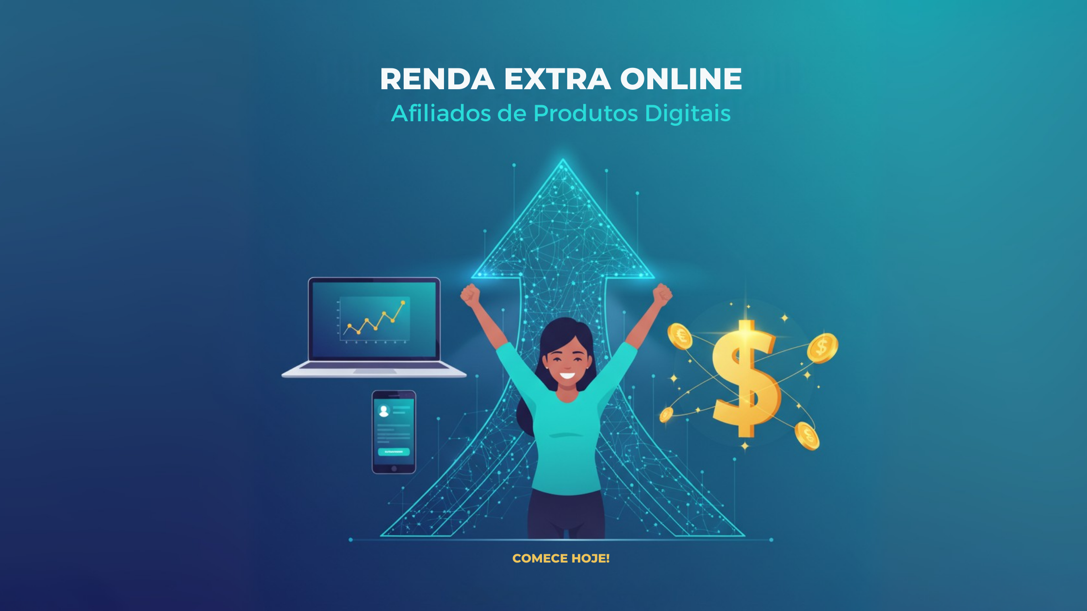 Ilustração de uma mulher comemorando em frente a um notebook, com o símbolo de dólar e moedas ao redor, representando a renda extra online como afiliada de produtos digitais.