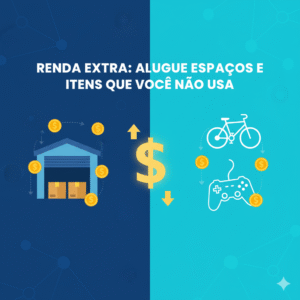 Ilustração sobre renda extra com aluguel, mostrando de um lado um galpão com caixas e do outro uma bicicleta e um controle de videogame, com moedas voando ao redor.