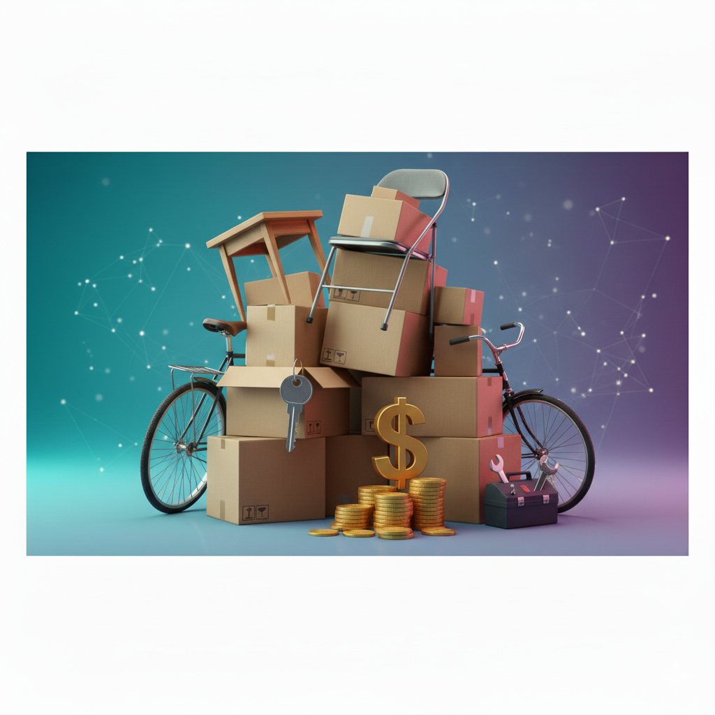 Pilha de caixas, móveis, uma bicicleta e a chave de um carro com moedas e um cifrão, simbolizando a renda extra obtida com o aluguel de itens e espaços