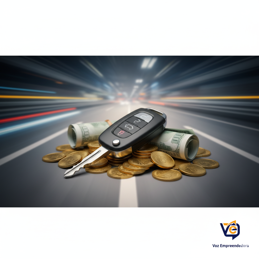 Chaves de um carro sobre pilhas de moedas e notas de dinheiro, em uma estrada, simbolizando renda extra com veículos.