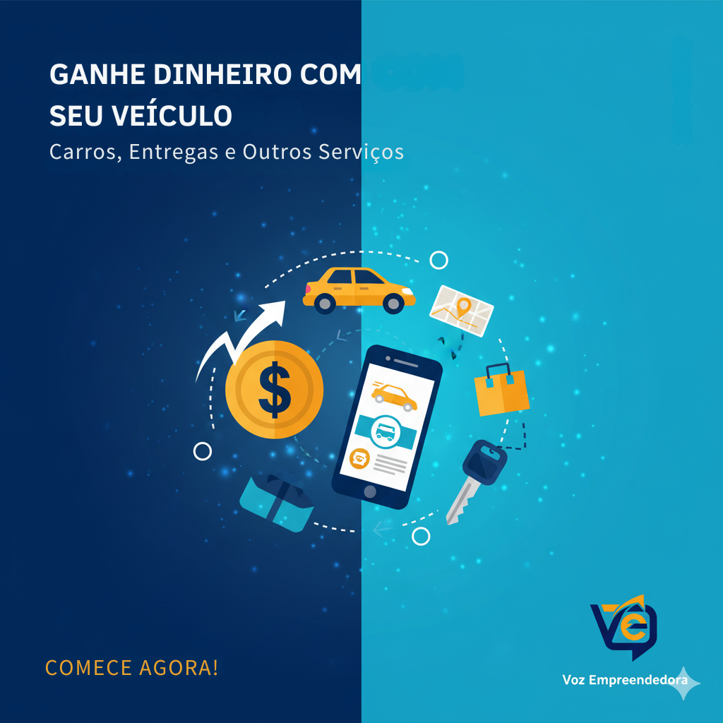 Chaves de um carro sobre pilhas de moedas e notas de dinheiro, em uma estrada, simbolizando renda extra com veículos.