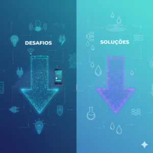 Infográfico que contrasta desafios e soluções para economizar nas contas de energia e água, mostrando ícones de lâmpadas, tomadas, gotas de água e moedas.