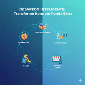 Infográfico em ciclo que mostra o processo de desapego inteligente, transformando "itens não usados" em "renda extra" através de limpeza, anúncio online, compra e venda.