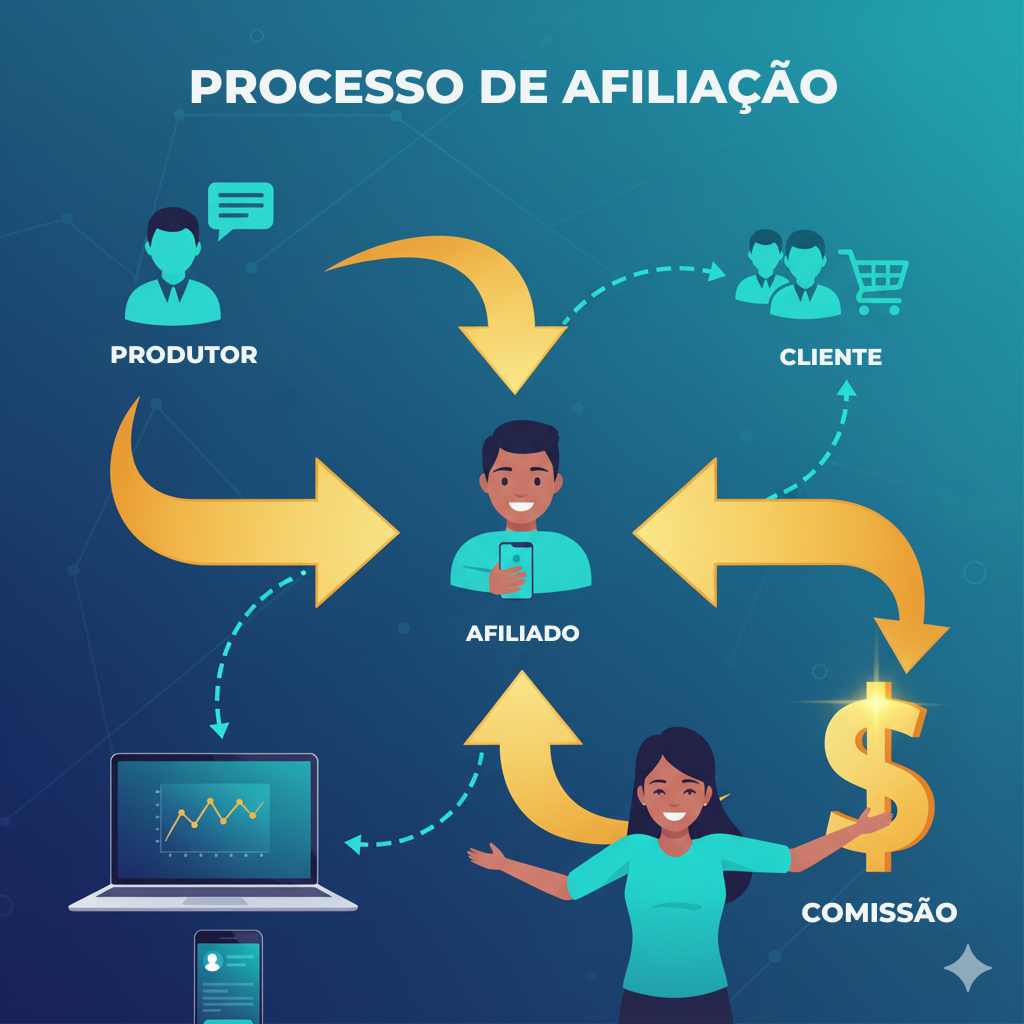 Infográfico detalhando o processo de afiliação: produtor, afiliado, cliente e a comissão, com setas que ilustram o fluxo de trabalho.