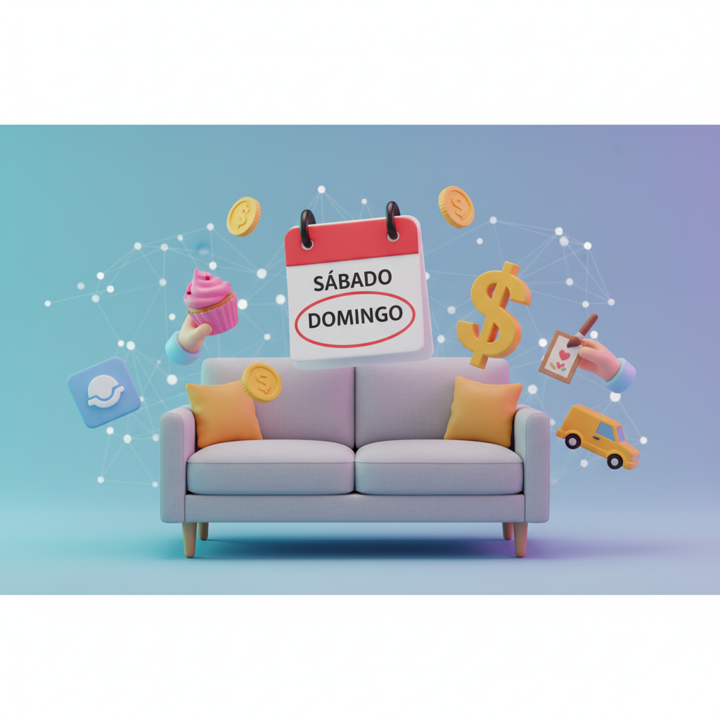 Um sofá com um calendário marcando Sábado e Domingo, cercado por moedas, um cupcake, e ícones de serviço de entrega e arte, simbolizando ideias de renda extra no fim de semana.