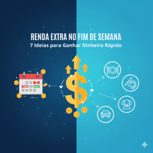 Infográfico "Renda Extra no Fim de Semana" com um calendário e ícones de carro, comida e pet, representando 7 ideias para ganhar dinheiro rápido.
